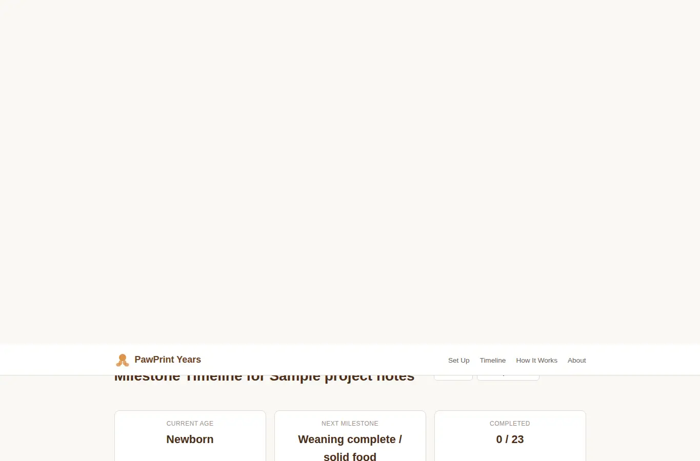 Screenshot of PawPrint Years: Dog Age Milestone Calendar interface showing the project page in use